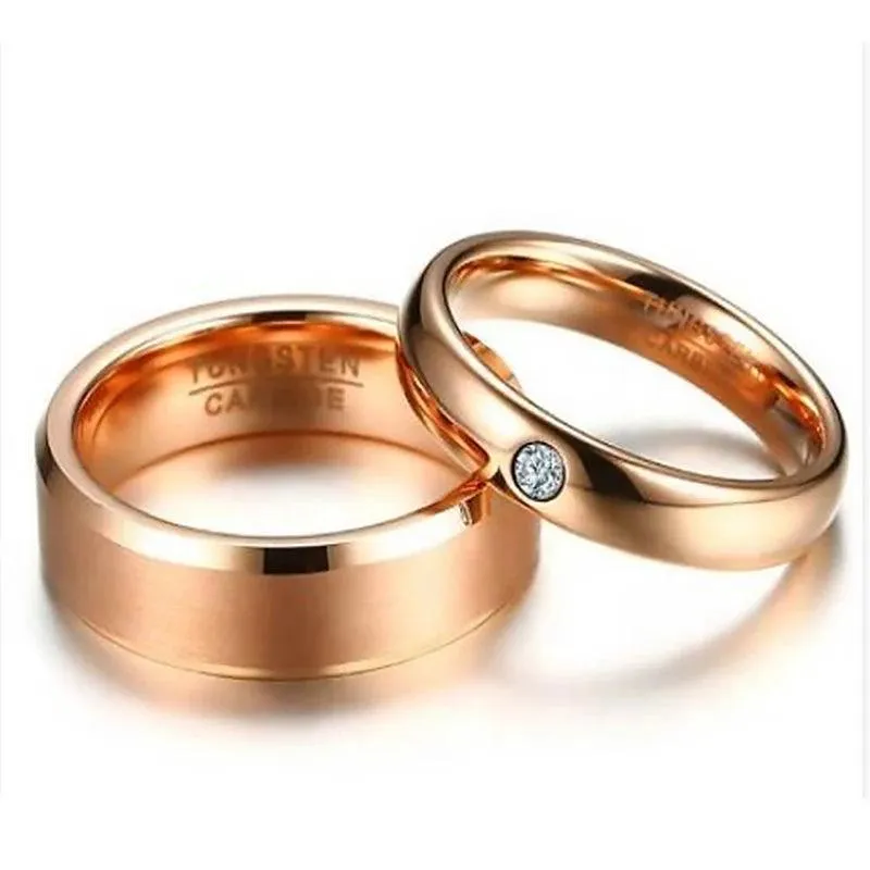 New Arrival 1 Pair 6mm 4mm Rose Gold Colour AAA CZ Crystal Tungsten Carbide Couples Wedding Rings for Women and Men