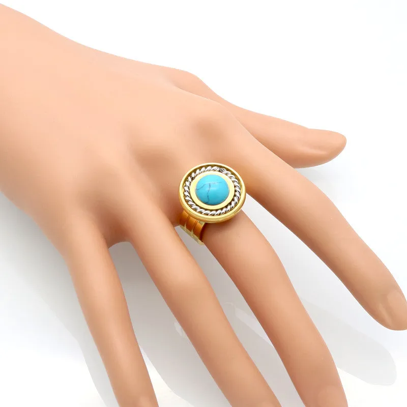 New Arrival Fashion Jewelry Vintage Stainless Steel Antique 18K Gold And Silver Plated Personality White Round Turquoise Ring