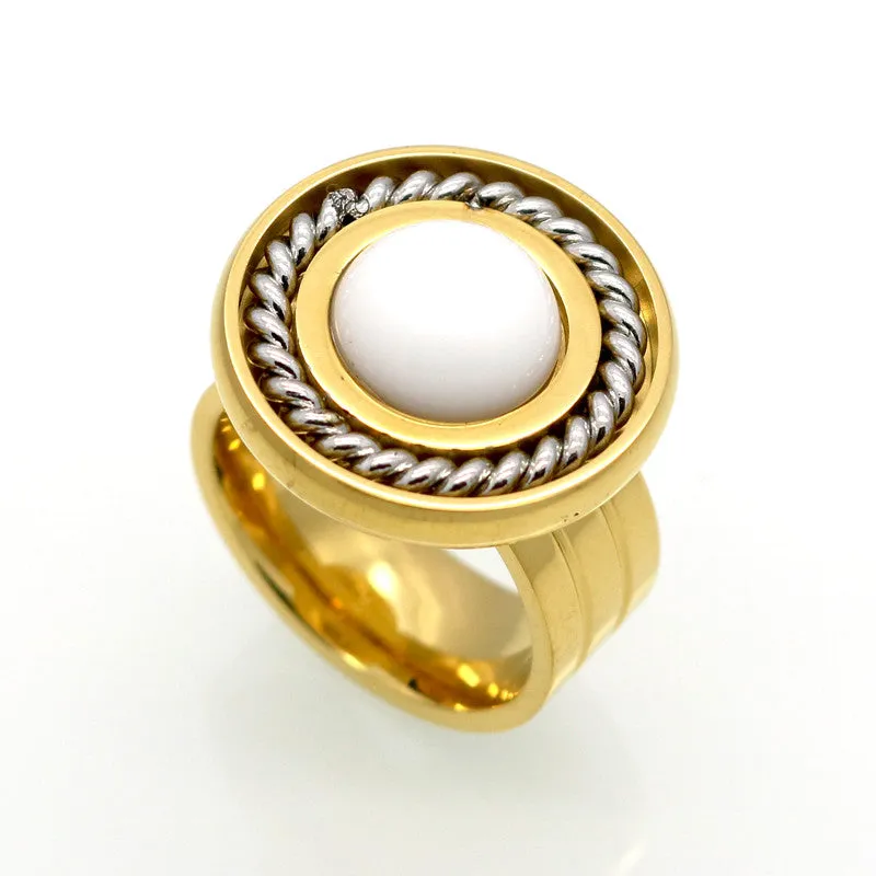 New Arrival Fashion Jewelry Vintage Stainless Steel Antique 18K Gold And Silver Plated Personality White Round Turquoise Ring