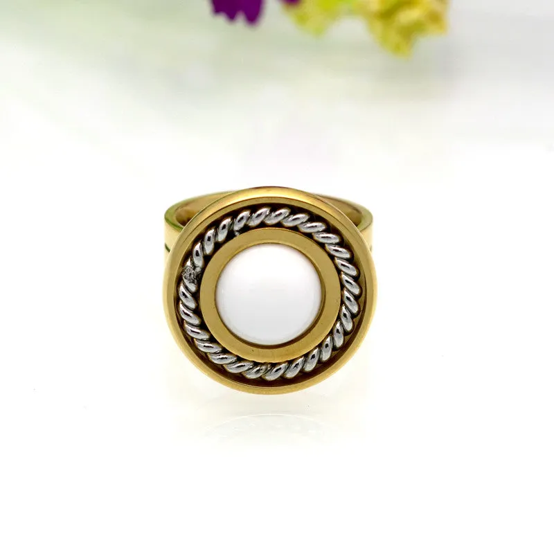 New Arrival Fashion Jewelry Vintage Stainless Steel Antique 18K Gold And Silver Plated Personality White Round Turquoise Ring