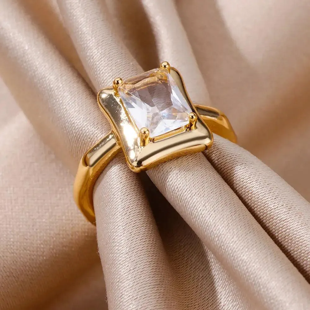 New Fashion Trand Square Quality Zircon Adjustable Stainless Steel Rings For Girls, Women Aesthetic Jewellery
