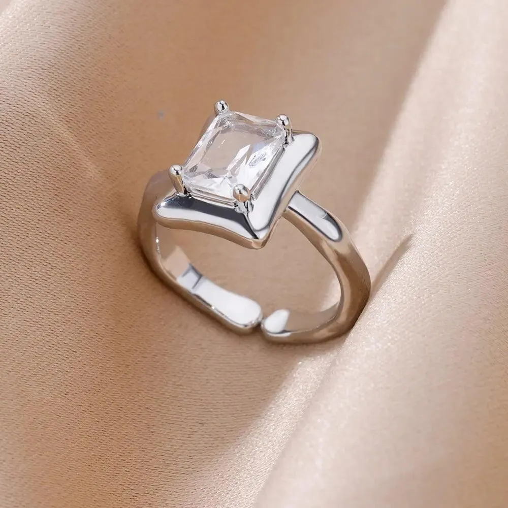 New Fashion Trand Square Quality Zircon Adjustable Stainless Steel Rings For Girls, Women Aesthetic Jewellery