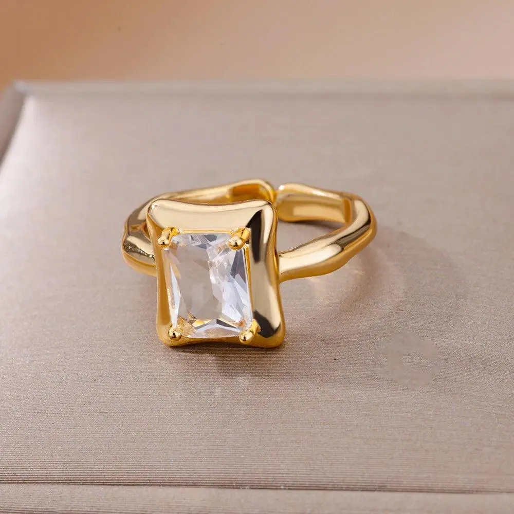 New Fashion Trand Square Quality Zircon Adjustable Stainless Steel Rings For Girls, Women Aesthetic Jewellery