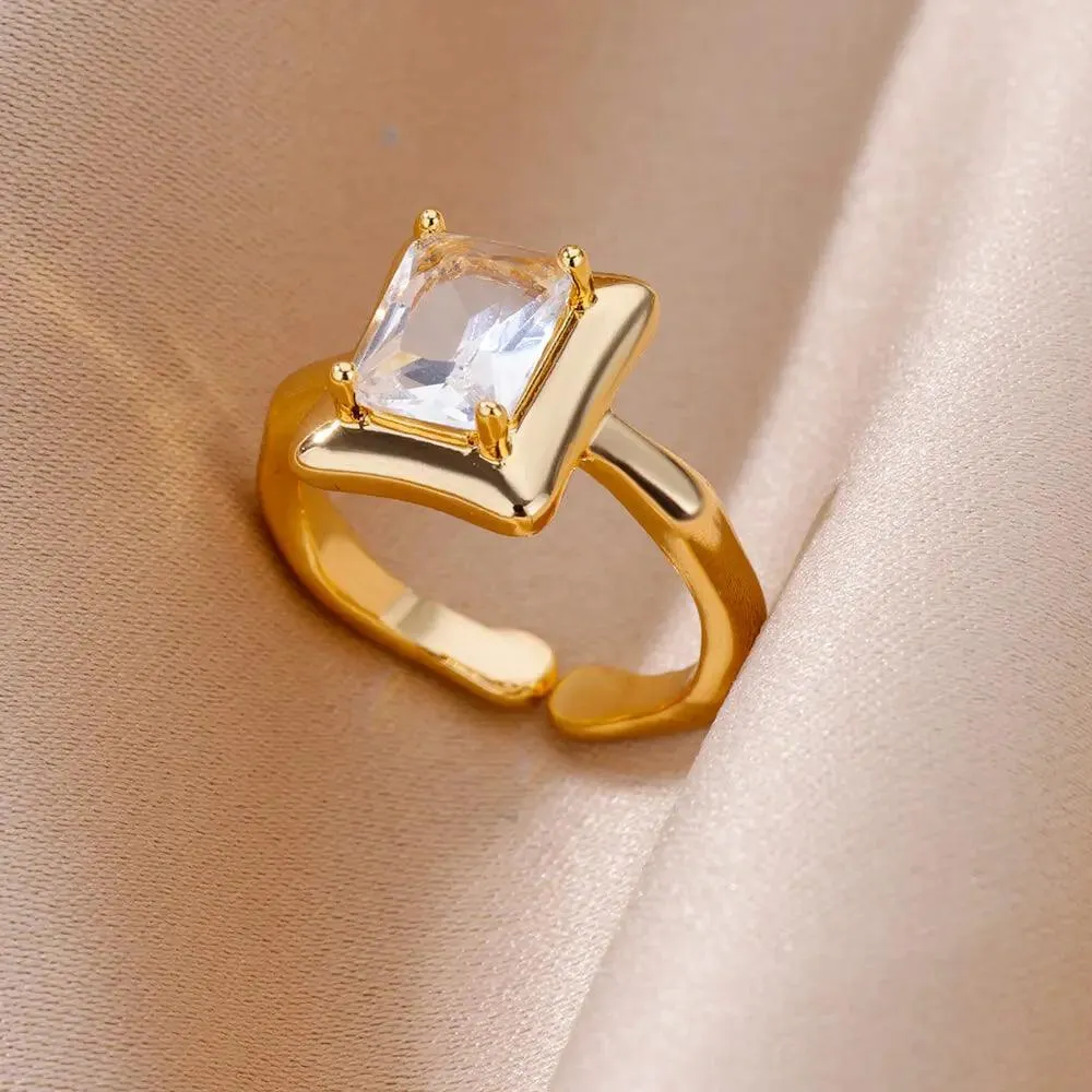 New Fashion Trand Square Quality Zircon Adjustable Stainless Steel Rings For Girls, Women Aesthetic Jewellery