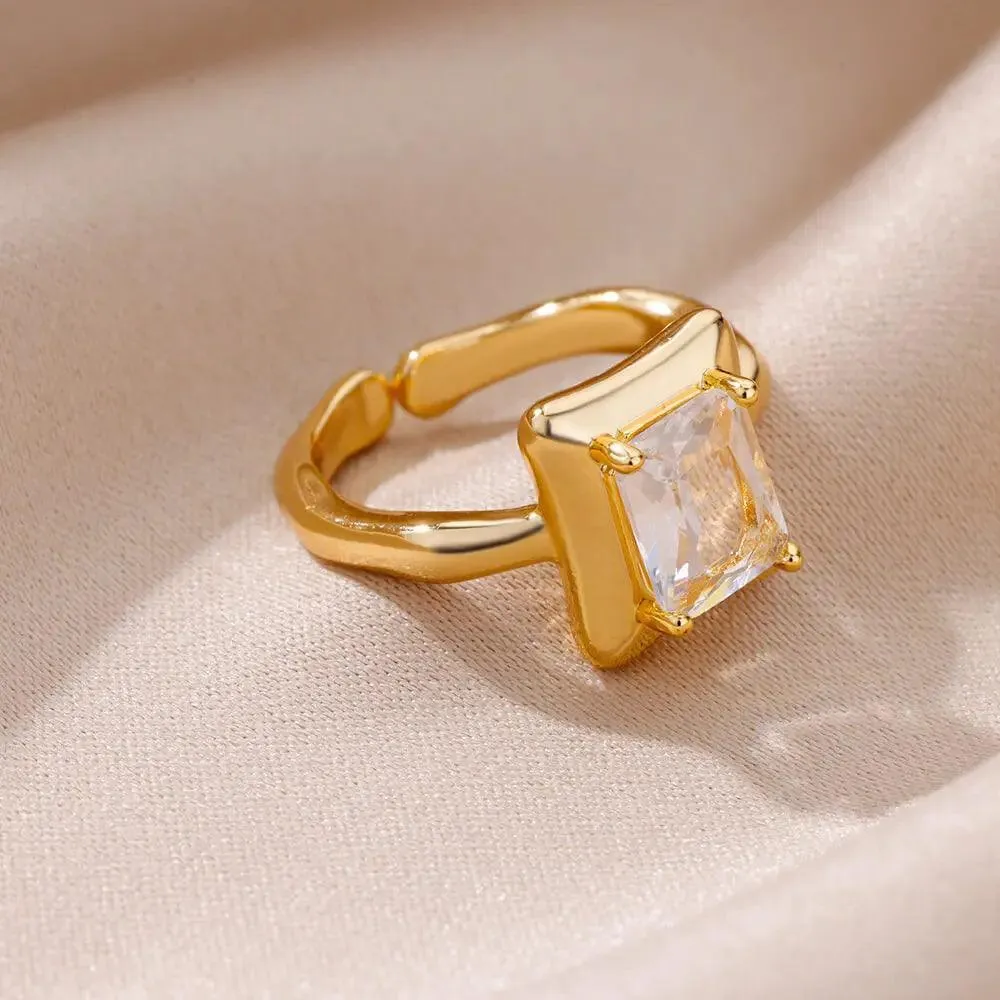 New Fashion Trand Square Quality Zircon Adjustable Stainless Steel Rings For Girls, Women Aesthetic Jewellery