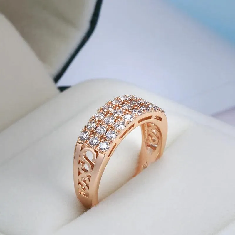 New Filled 14K Rose Gold Three Rows Micro-wax Inlay AAA  Zircon Diamonds Hollow Trendy Rings - Fine Party Jewelry KIN