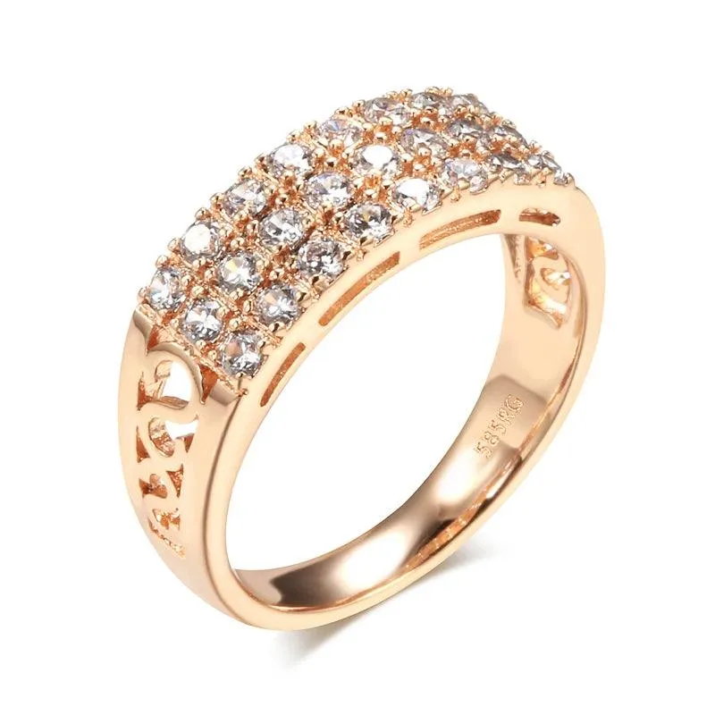 New Filled 14K Rose Gold Three Rows Micro-wax Inlay AAA  Zircon Diamonds Hollow Trendy Rings - Fine Party Jewelry KIN