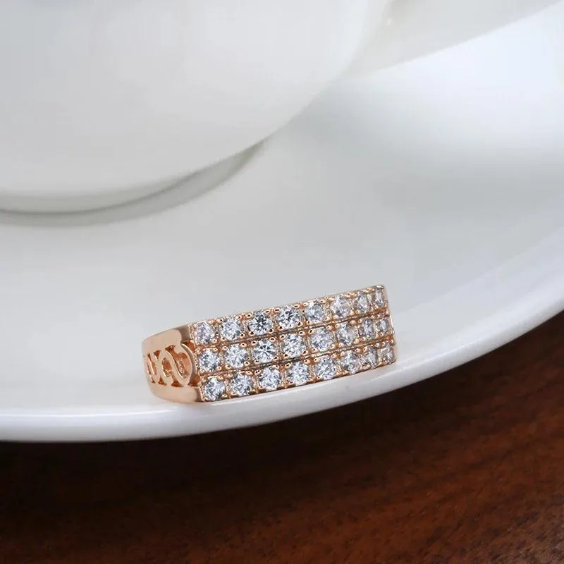 New Filled 14K Rose Gold Three Rows Micro-wax Inlay AAA  Zircon Diamonds Hollow Trendy Rings - Fine Party Jewelry KIN
