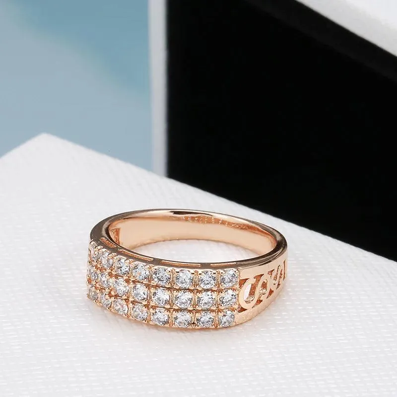 New Filled 14K Rose Gold Three Rows Micro-wax Inlay AAA  Zircon Diamonds Hollow Trendy Rings - Fine Party Jewelry KIN