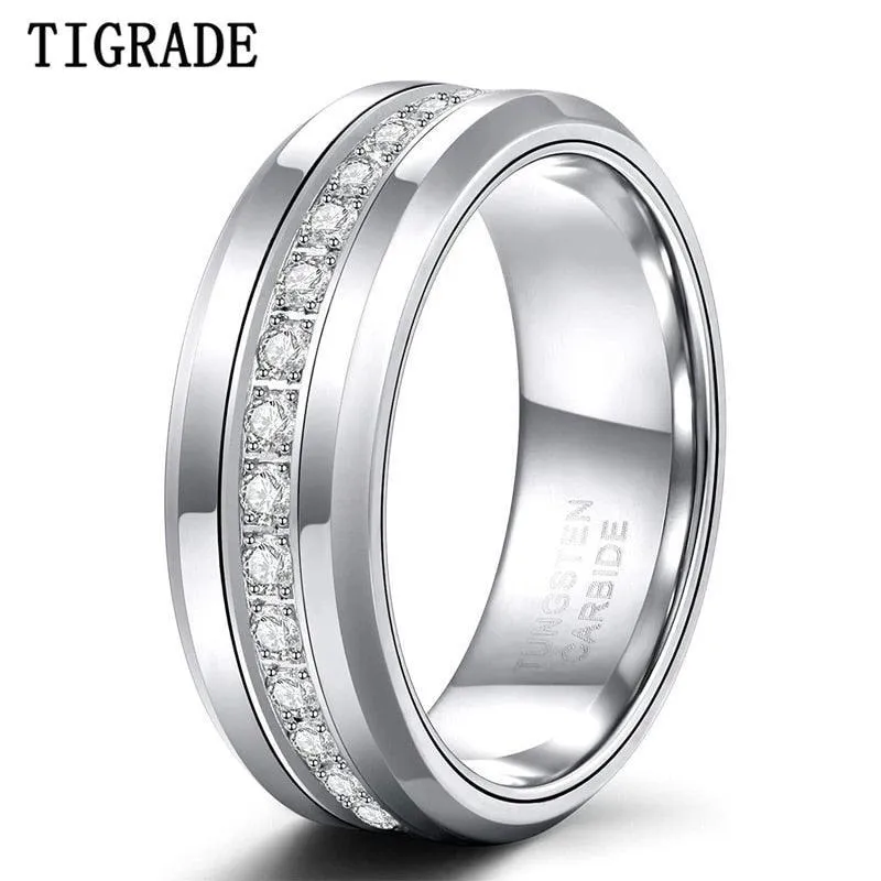 NEW Inlaid Cubic Zirconia Trendy High Polish Mens Tungsten Wedding Rings - High Quality Eternity Ring