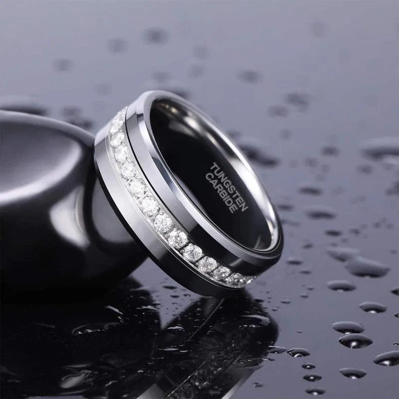NEW Inlaid Cubic Zirconia Trendy High Polish Mens Tungsten Wedding Rings - High Quality Eternity Ring