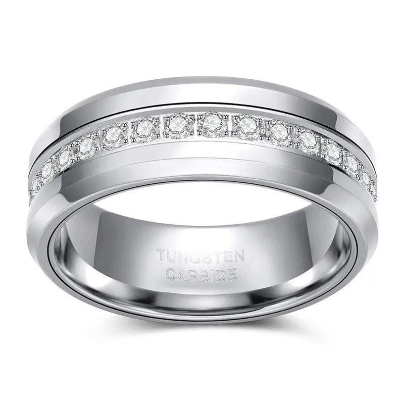 NEW Inlaid Cubic Zirconia Trendy High Polish Mens Tungsten Wedding Rings - High Quality Eternity Ring