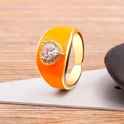 New Trendy Enamel Dripping Oil Zircon Opening Rings For Women