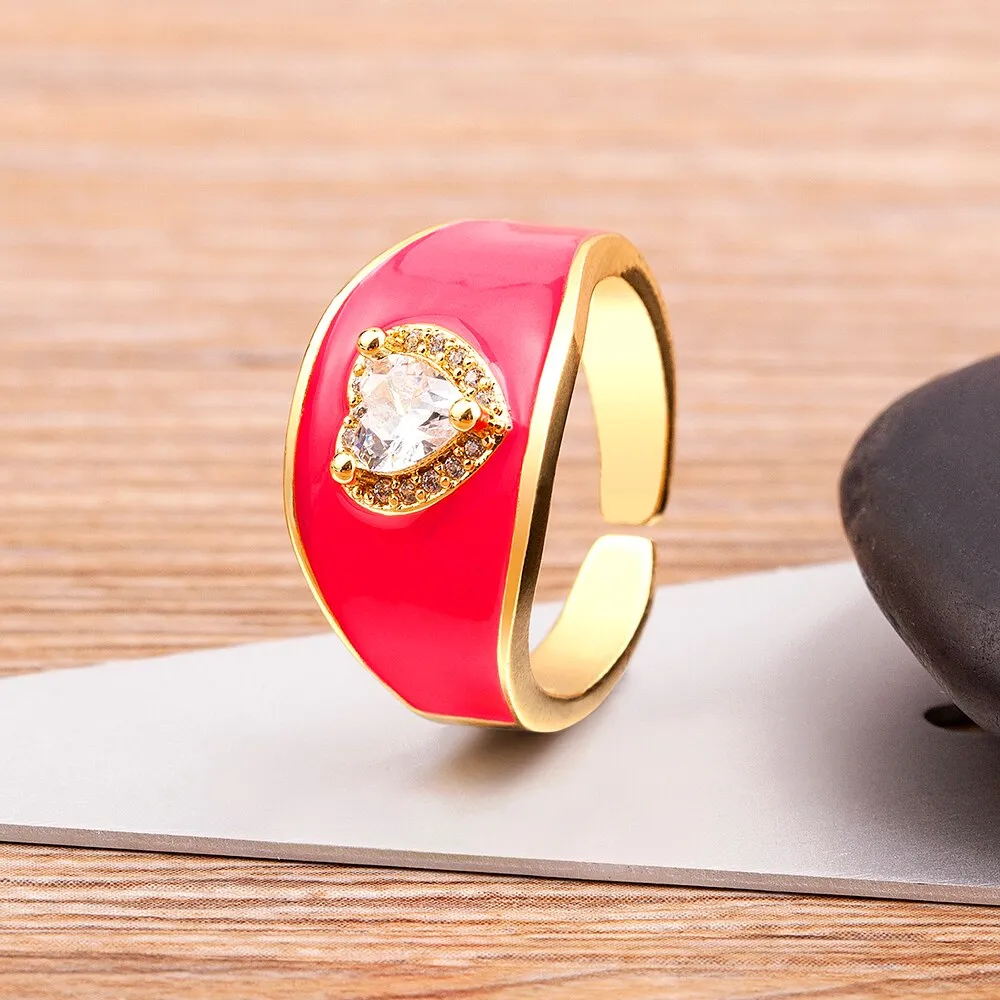 New Trendy Enamel Dripping Oil Zircon Opening Rings For Women