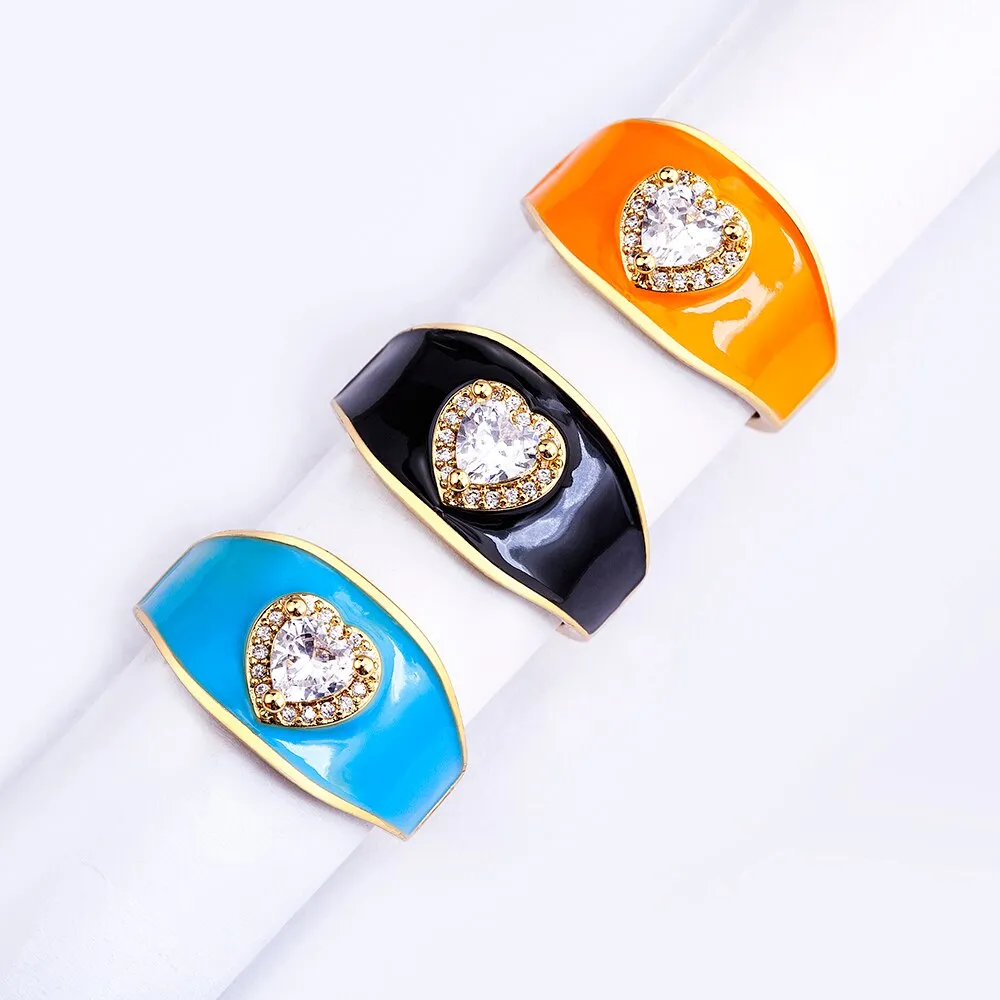 New Trendy Enamel Dripping Oil Zircon Opening Rings For Women