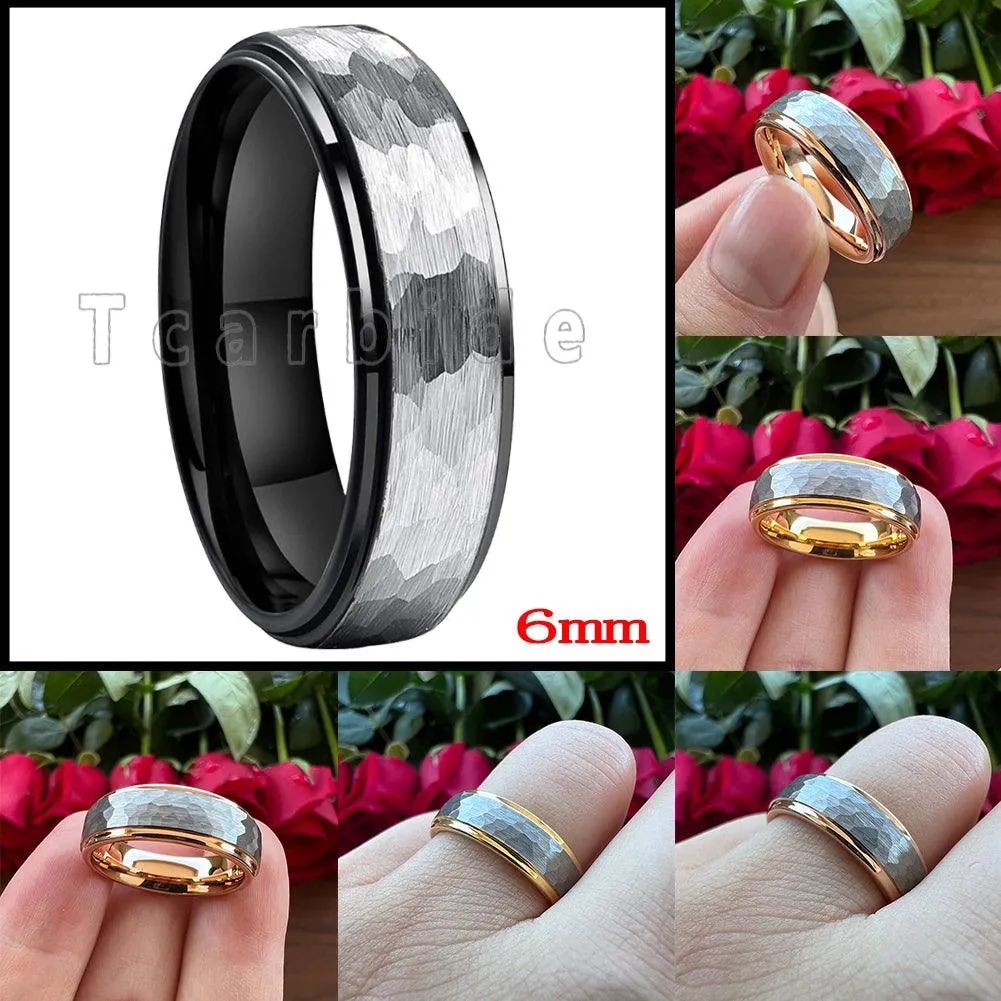 New Trendy Stepped Brushed Finish 6MM 8MM Multicolors Hammer Tungsten Comfort Fit Wedding Rings For Men and Women