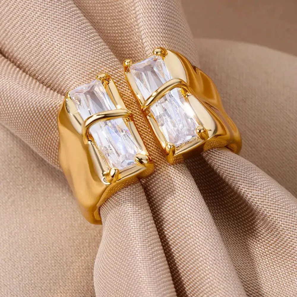 New Trend Irregular Square Stainless Steel Gold Plated Opening Quality Zircon Rings For Girls,Women Fashion Jewellery