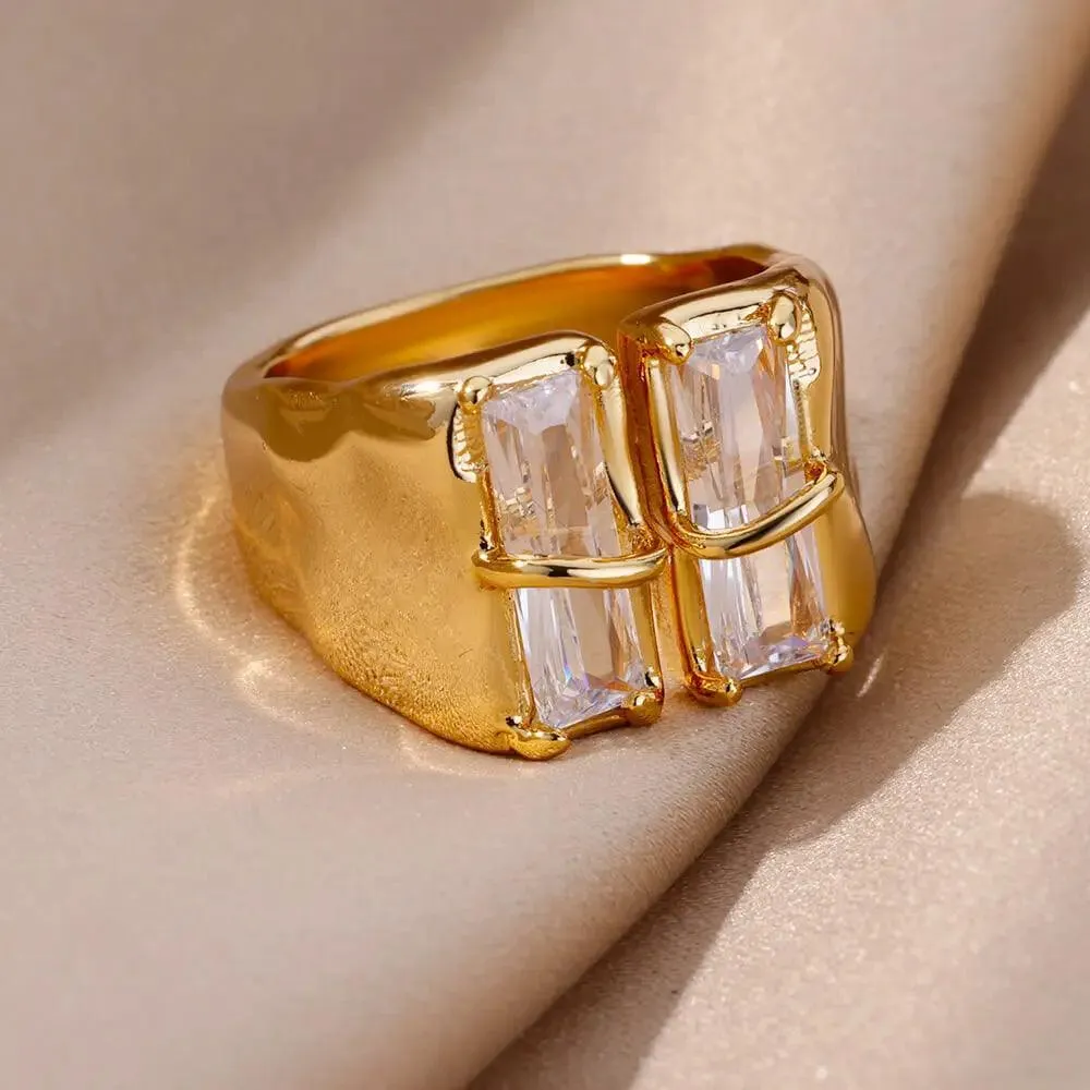 New Trend Irregular Square Stainless Steel Gold Plated Opening Quality Zircon Rings For Girls,Women Fashion Jewellery