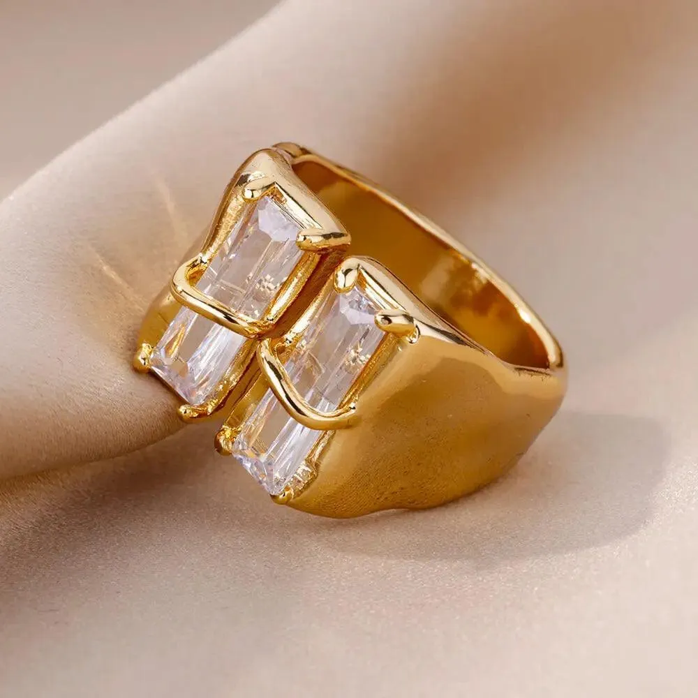 New Trend Irregular Square Stainless Steel Gold Plated Opening Quality Zircon Rings For Girls,Women Fashion Jewellery