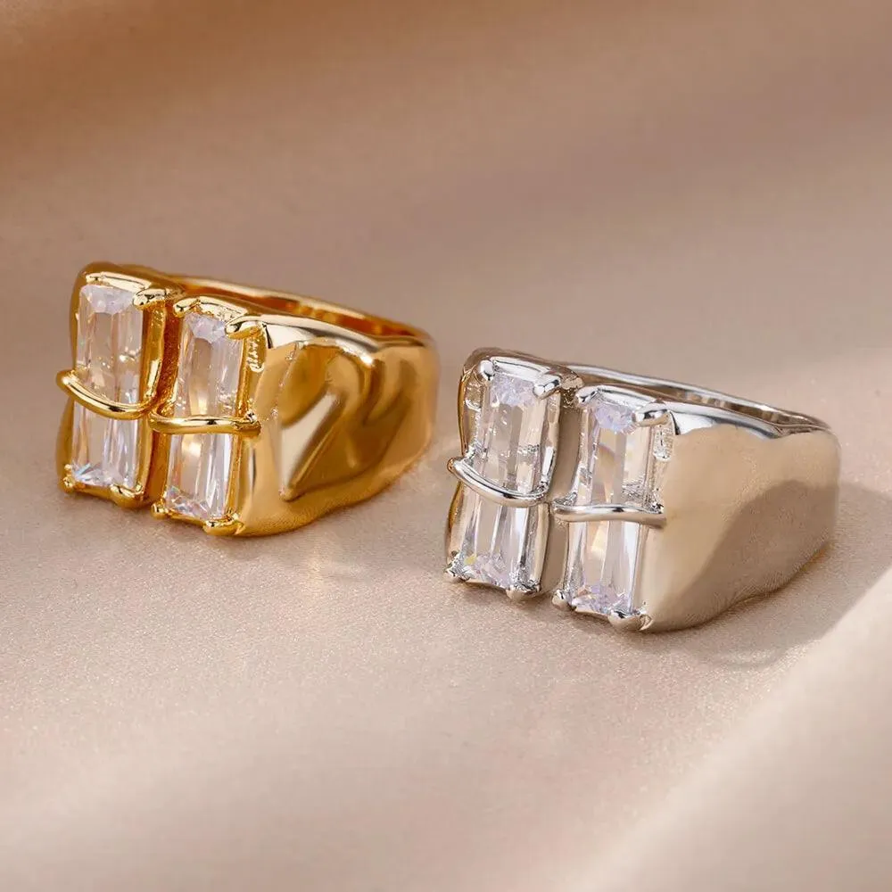 New Trend Irregular Square Stainless Steel Gold Plated Opening Quality Zircon Rings For Girls,Women Fashion Jewellery