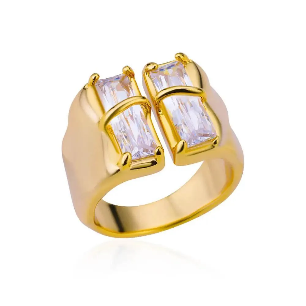 New Trend Irregular Square Stainless Steel Gold Plated Opening Quality Zircon Rings For Girls,Women Fashion Jewellery