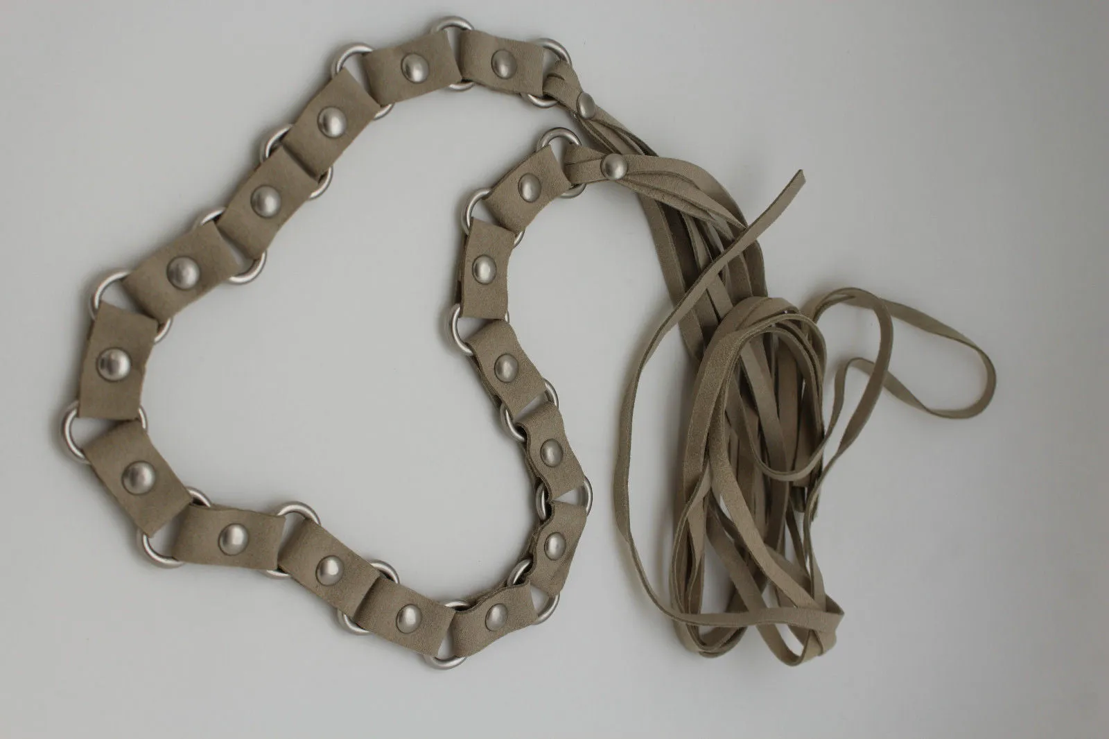 Nice Ivory Beige Tie Waist Faux Suede Belt Silver Metal Rings S M