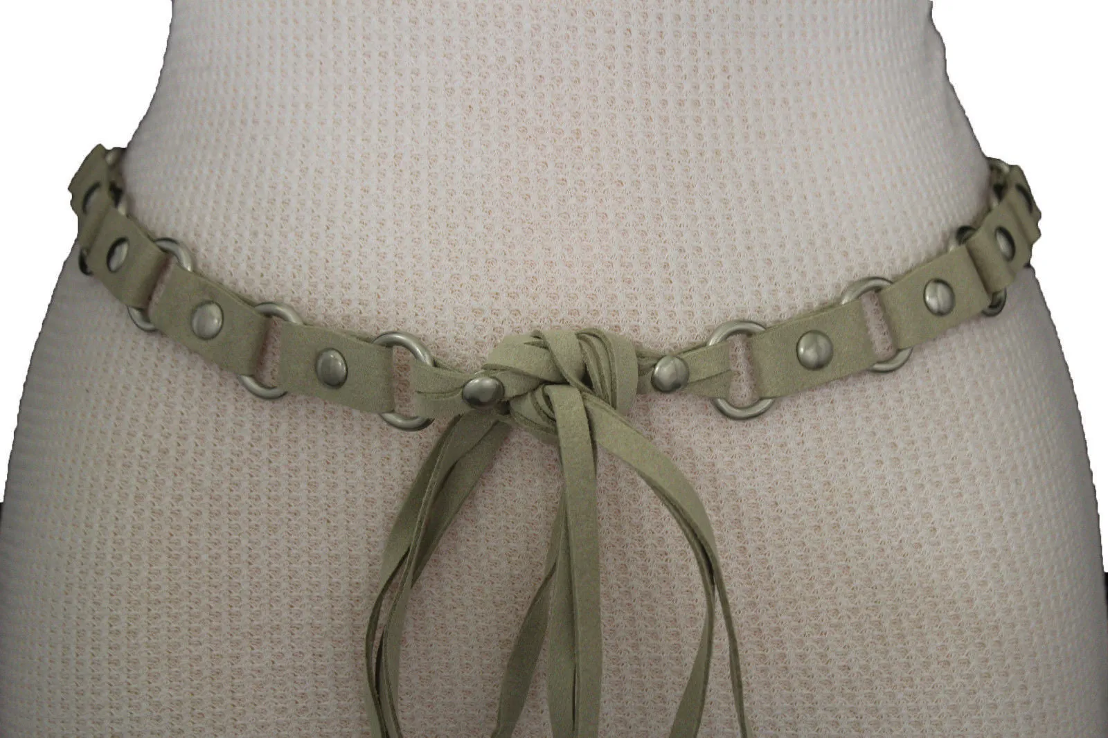Nice Ivory Beige Tie Waist Faux Suede Belt Silver Metal Rings S M