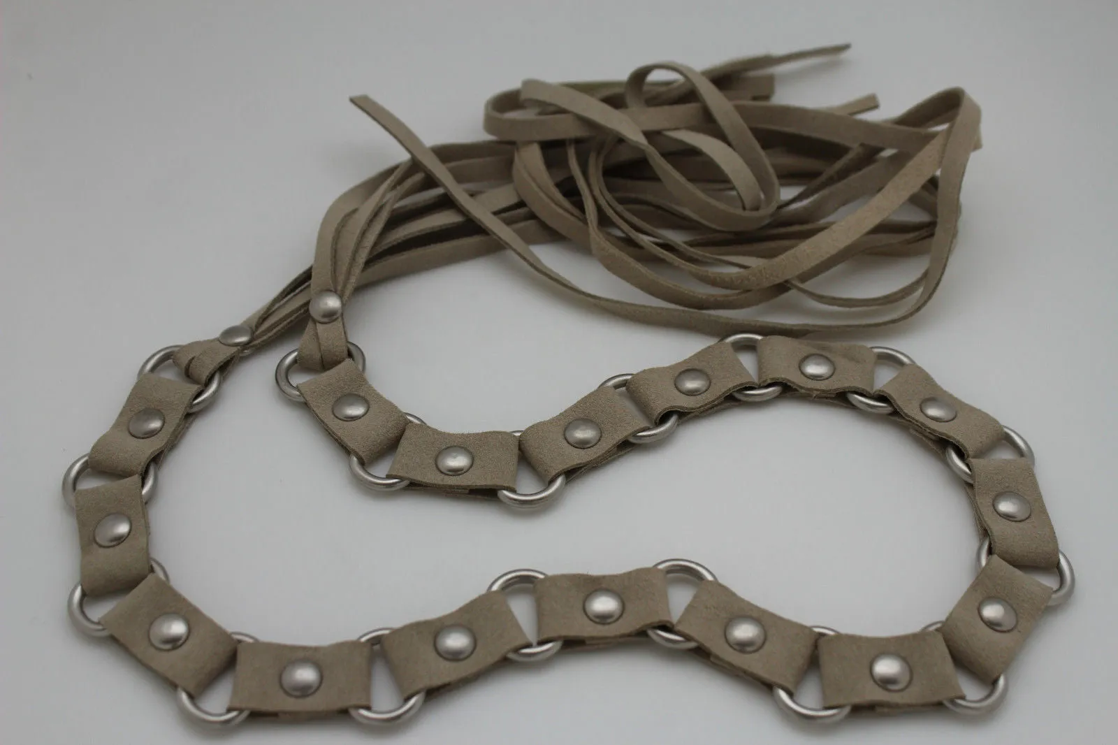 Nice Ivory Beige Tie Waist Faux Suede Belt Silver Metal Rings S M