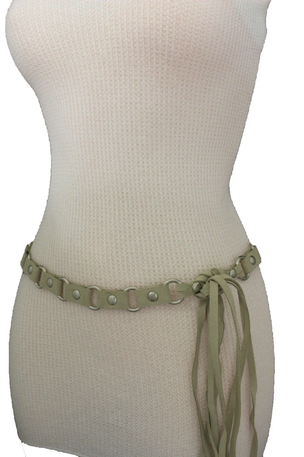 Nice Ivory Beige Tie Waist Faux Suede Belt Silver Metal Rings S M
