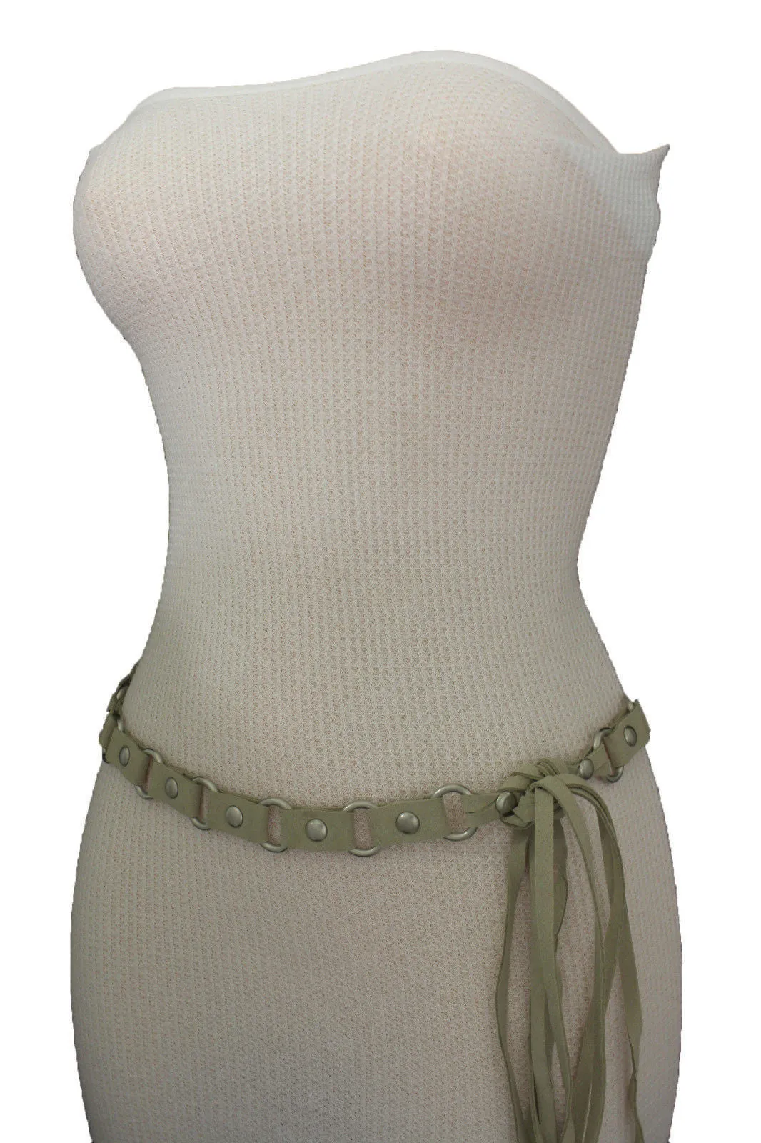Nice Ivory Beige Tie Waist Faux Suede Belt Silver Metal Rings S M