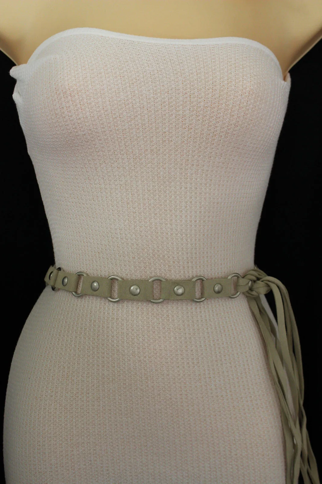 Nice Ivory Beige Tie Waist Faux Suede Belt Silver Metal Rings S M