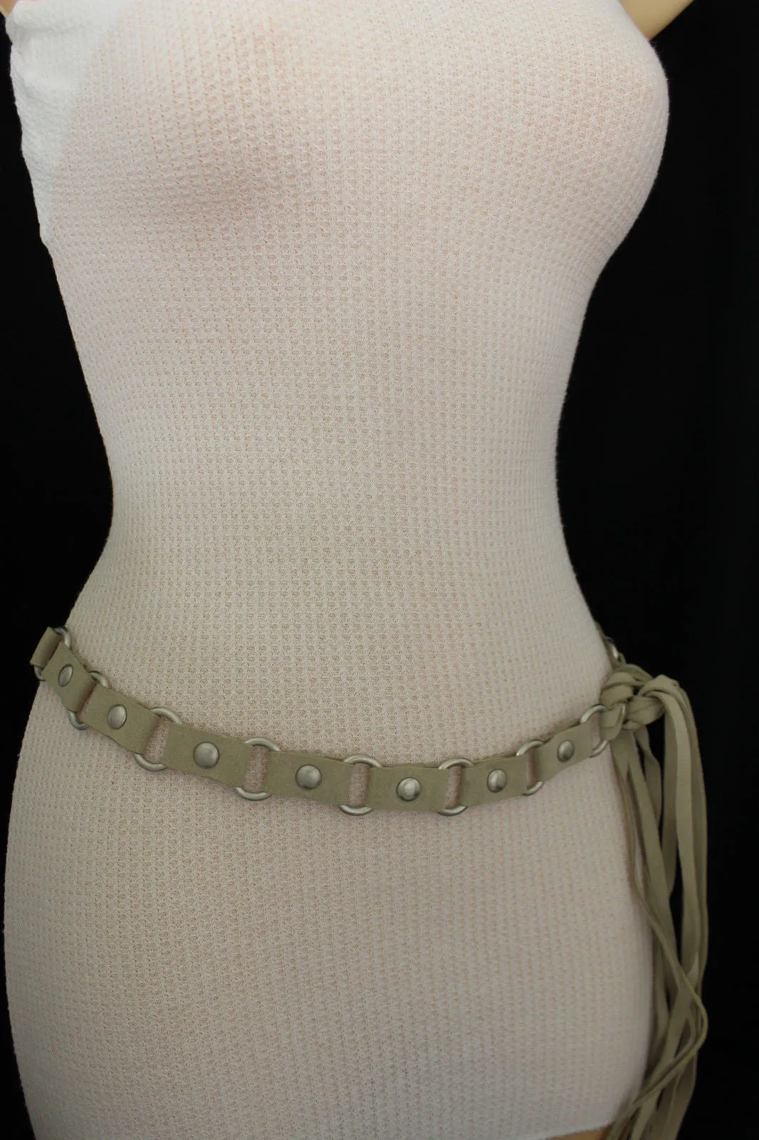Nice Ivory Beige Tie Waist Faux Suede Belt Silver Metal Rings S M