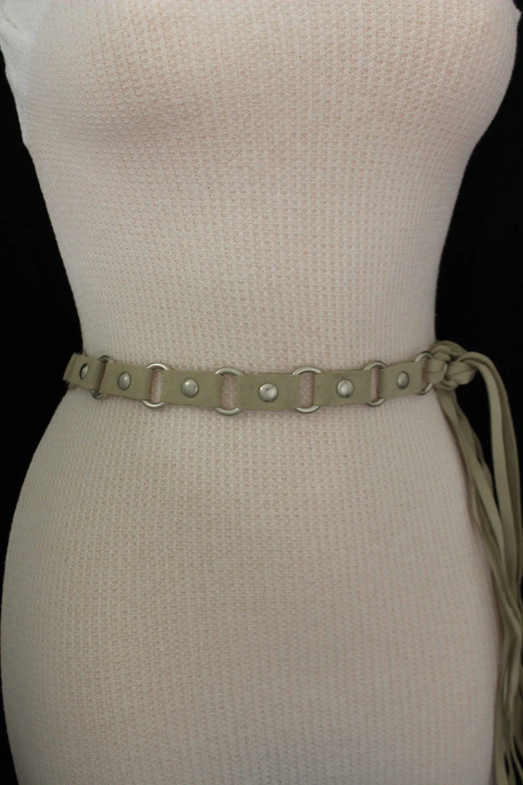 Nice Ivory Beige Tie Waist Faux Suede Belt Silver Metal Rings S M