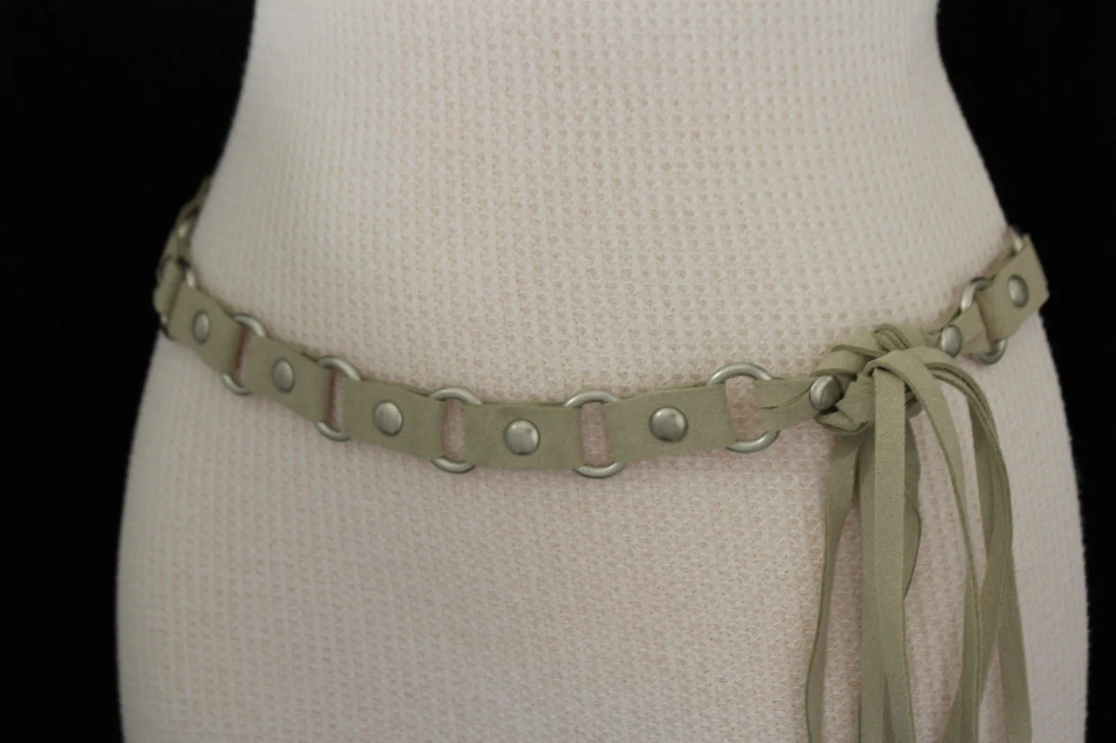 Nice Ivory Beige Tie Waist Faux Suede Belt Silver Metal Rings S M