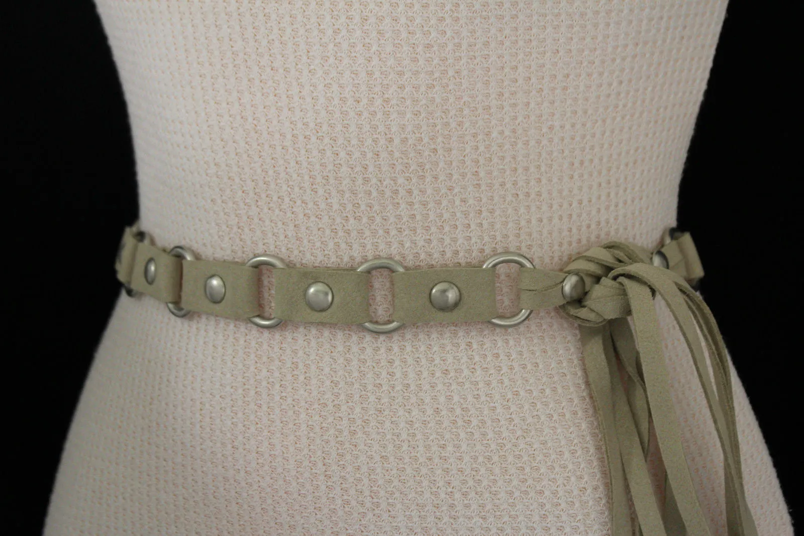 Nice Ivory Beige Tie Waist Faux Suede Belt Silver Metal Rings S M