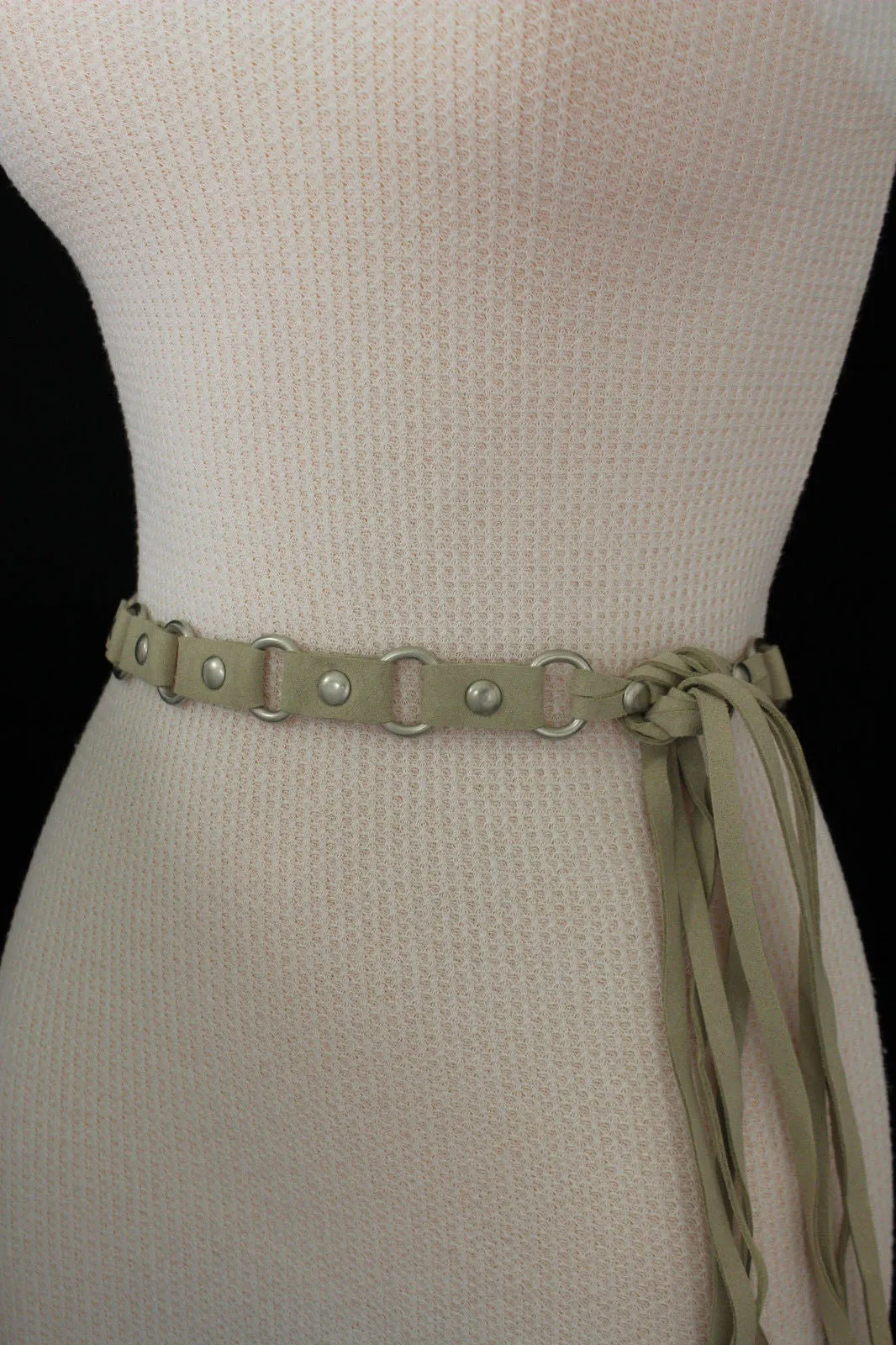 Nice Ivory Beige Tie Waist Faux Suede Belt Silver Metal Rings S M