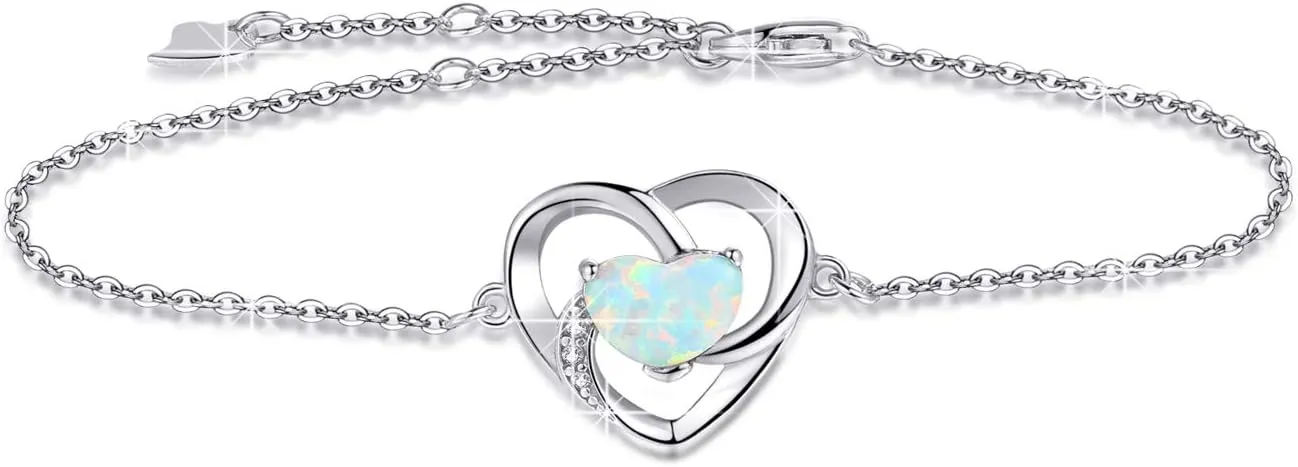 Opal Bracelet Anklet 925 Sterling Silver Adjustable Opal Turquoise Moonstone Bracelets for Women Opal Heart Bracelet Jewelry Gift for Birthday Christmas