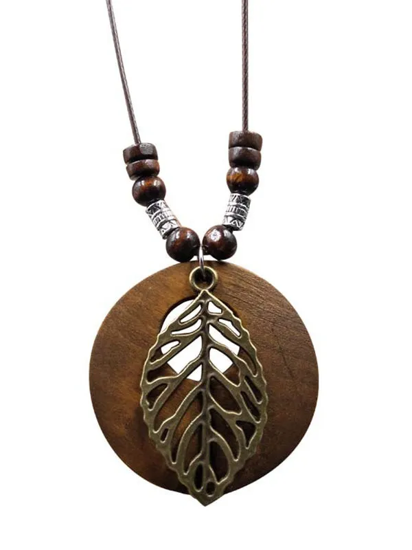 Original Vintage Wood Alloy Leaf Necklace
