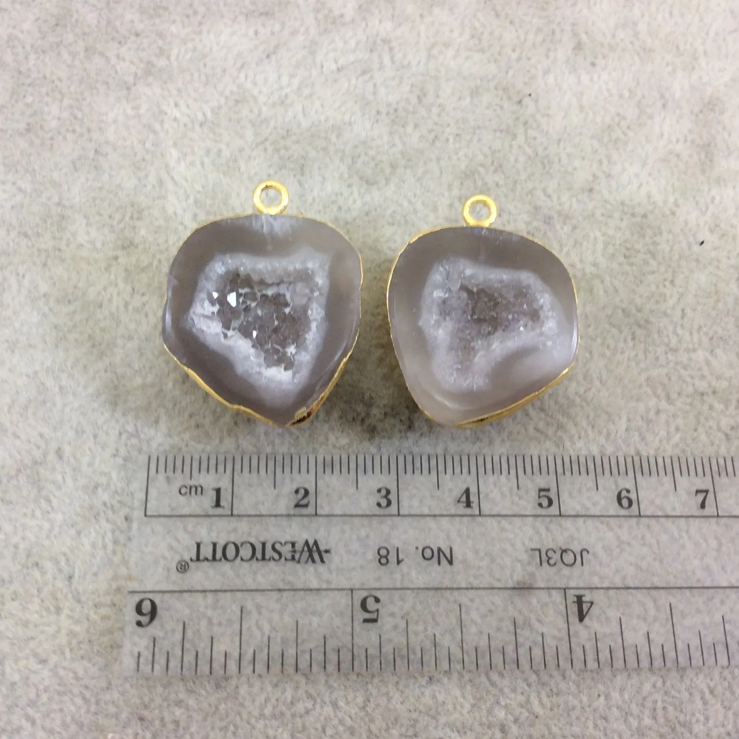 Pair of OOAK Gold Electroplated Natural Druzy Agate Geode Half Freeform Shaped Pendants - Measuring 24mm x 25mm - Unique, As Pictured