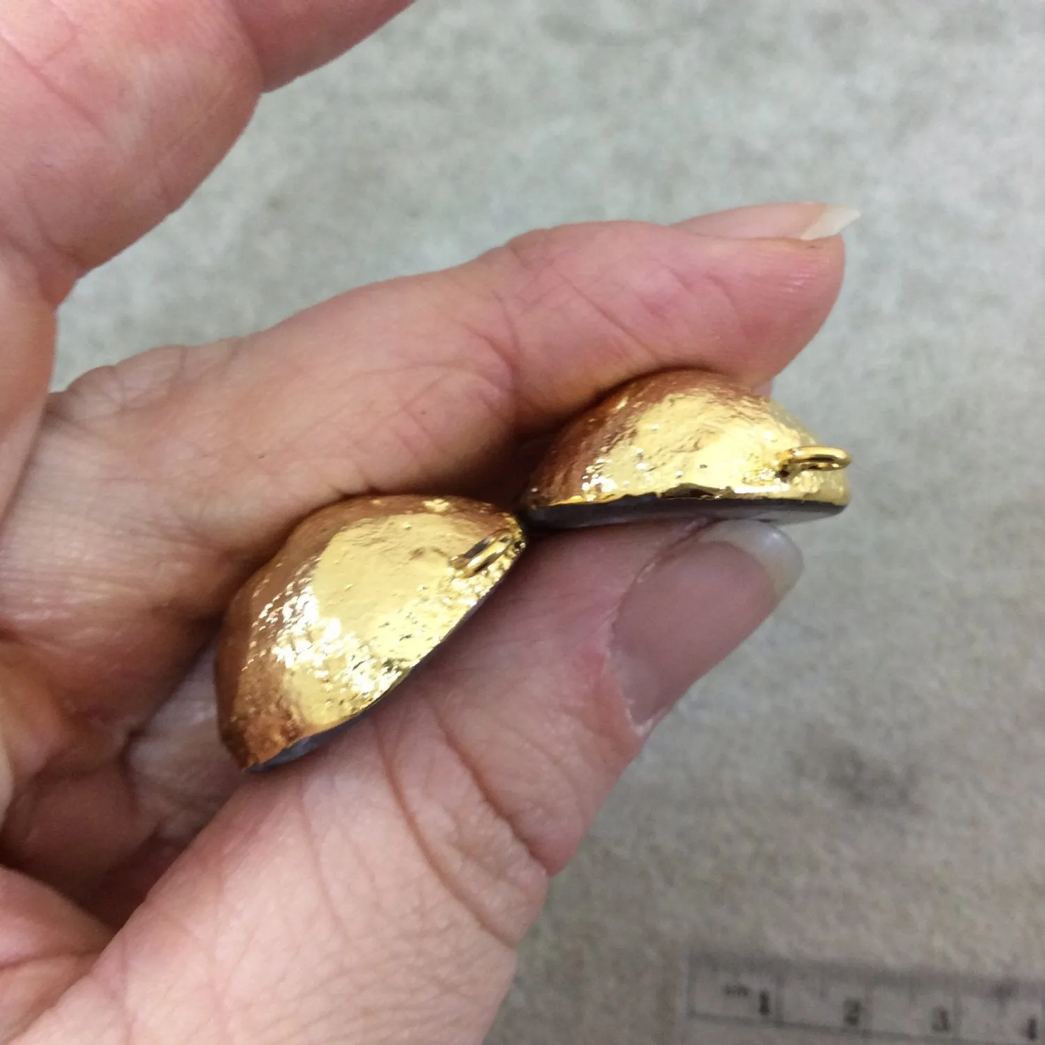 Pair of OOAK Gold Electroplated Natural Druzy Agate Geode Half Freeform Shaped Pendants - Measuring 24mm x 25mm - Unique, As Pictured