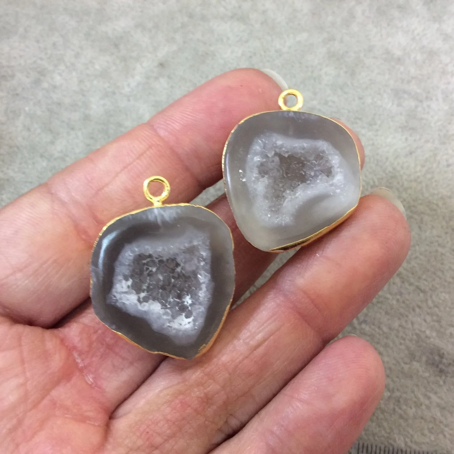 Pair of OOAK Gold Electroplated Natural Druzy Agate Geode Half Freeform Shaped Pendants - Measuring 24mm x 25mm - Unique, As Pictured
