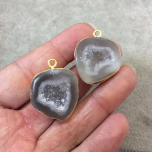 Pair of OOAK Gold Electroplated Natural Druzy Agate Geode Half Freeform Shaped Pendants - Measuring 24mm x 25mm - Unique, As Pictured