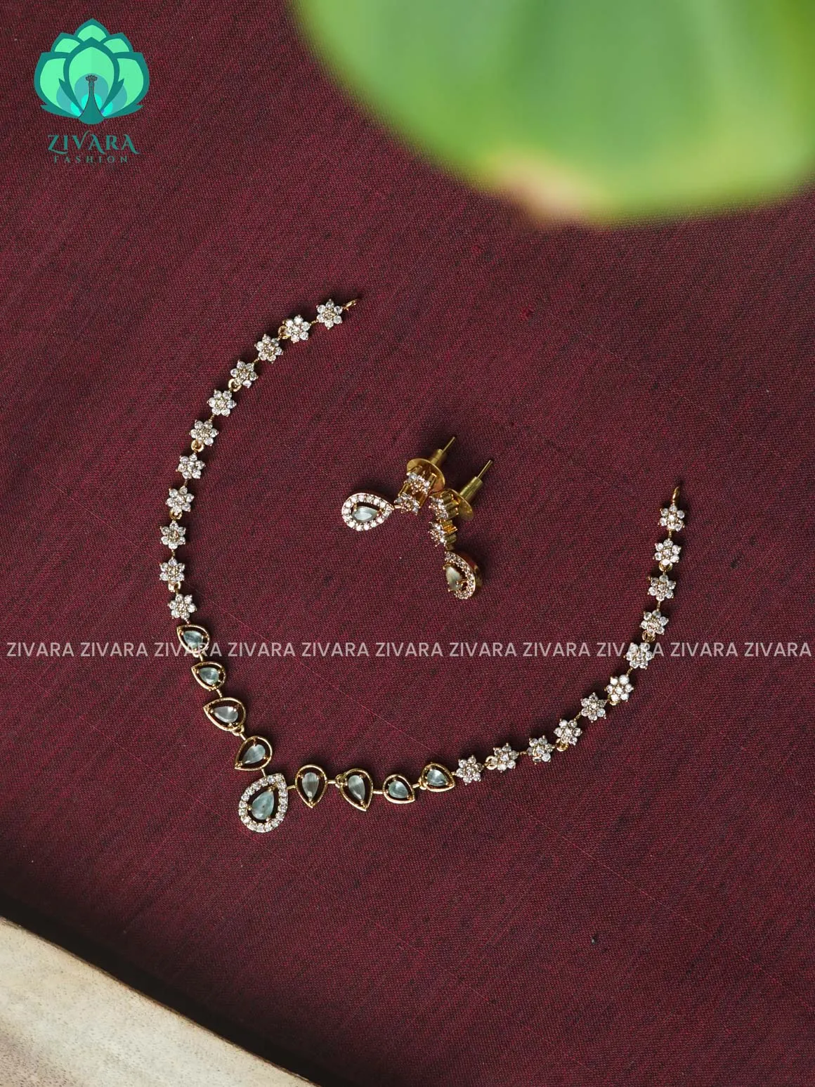 PASTEL GREEN -MINI SIZE TEAR MOTIF- DARK FINISH stylish and minimal elegant neckwear with earrings- Zivara Fashion