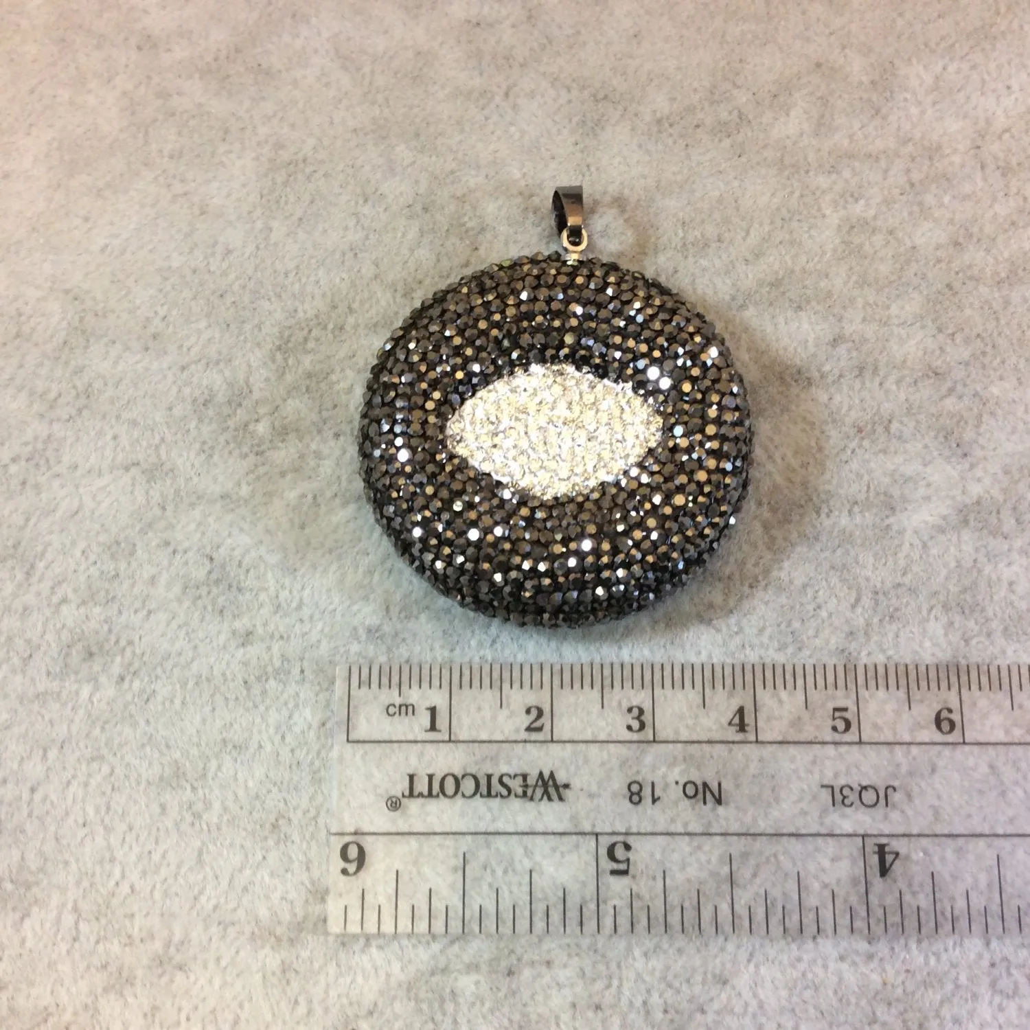 Pave Rhinestone Encrusted Abstract Eye Shaped Resin Pendant with Gray/White Rhinestones and Attached Bail - Measuring 39mm x 39mm, Approx.