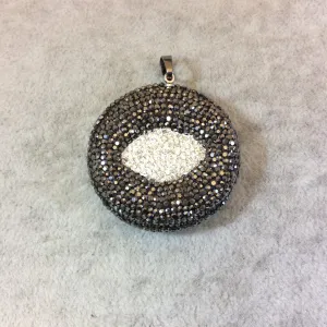 Pave Rhinestone Encrusted Abstract Eye Shaped Resin Pendant with Gray/White Rhinestones and Attached Bail - Measuring 39mm x 39mm, Approx.
