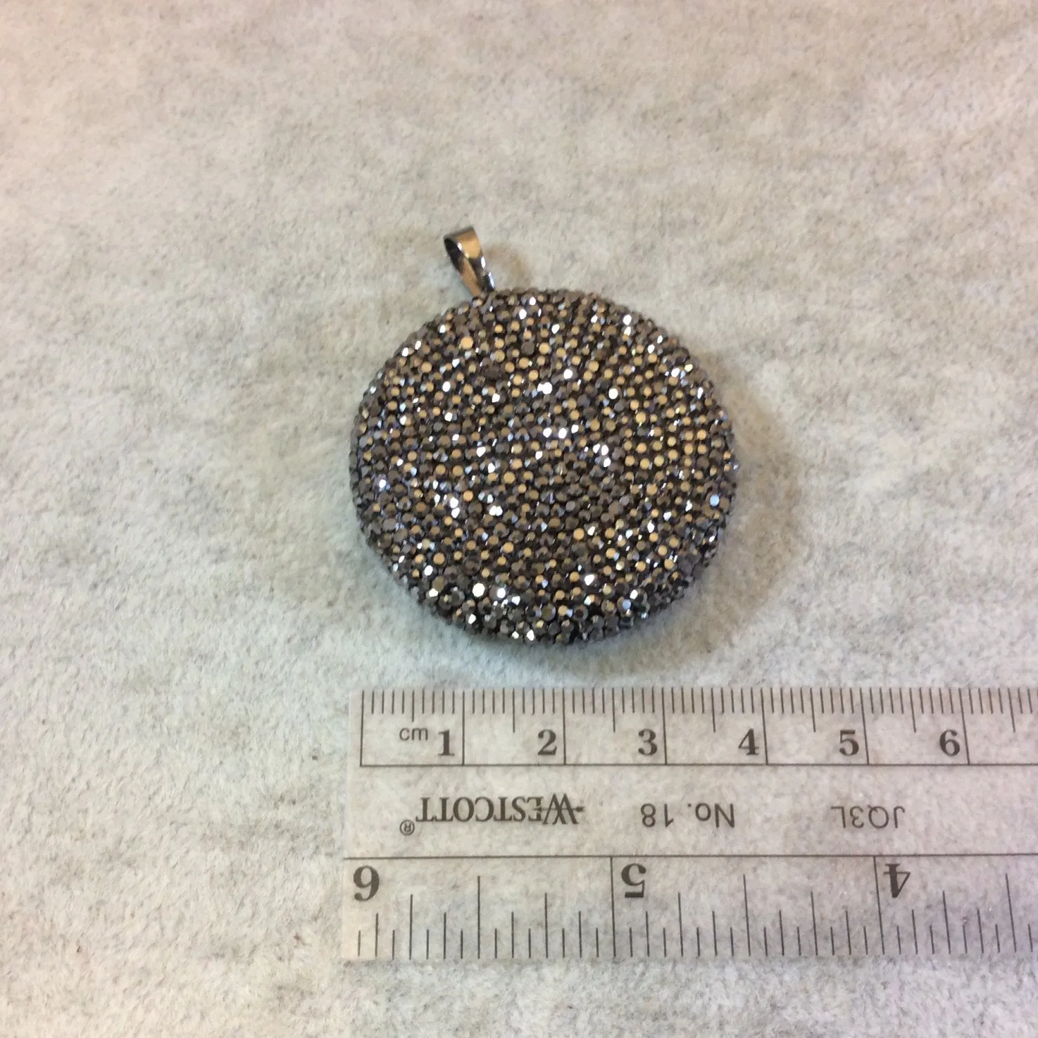 Pave Rhinestone Encrusted Abstract Eye Shaped Resin Pendant with Gray/White Rhinestones and Attached Bail - Measuring 39mm x 39mm, Approx.