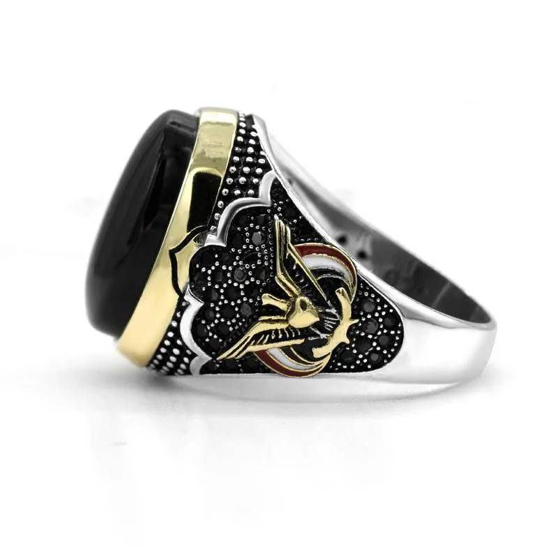 Peace Symbol Oval Black Natural Onyx Stone Ring