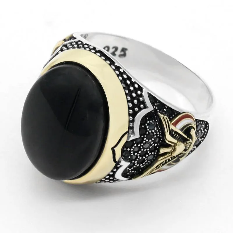 Peace Symbol Oval Black Natural Onyx Stone Ring