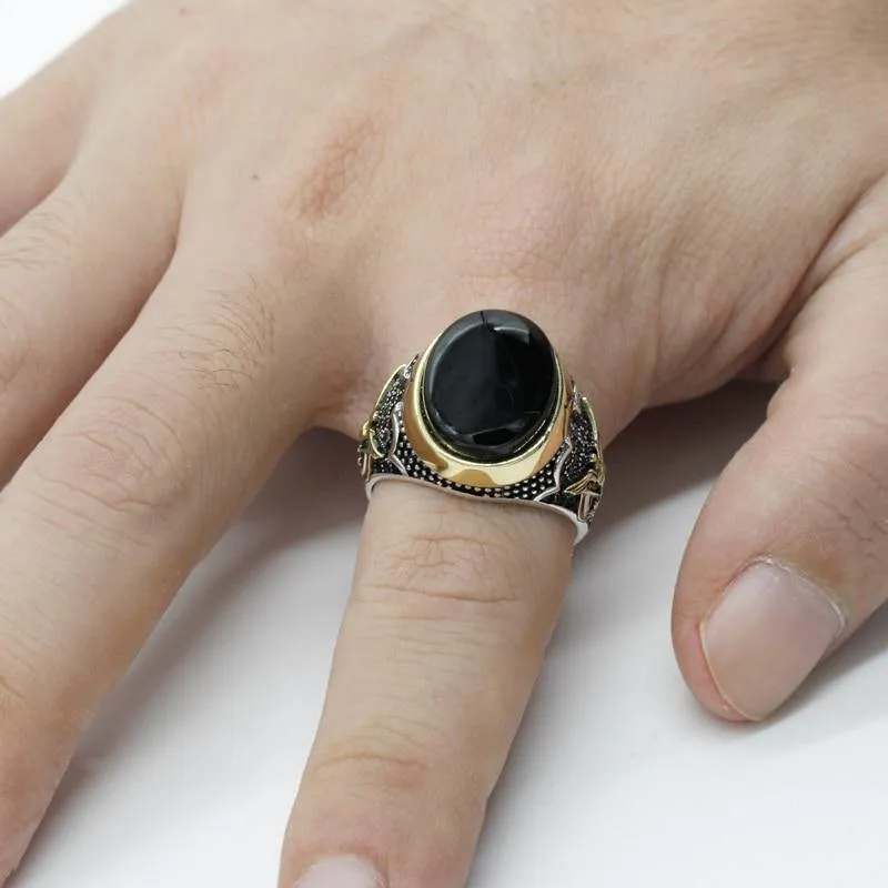 Peace Symbol Oval Black Natural Onyx Stone Ring
