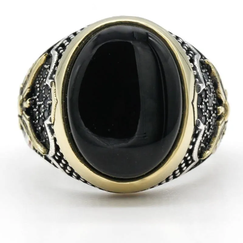 Peace Symbol Oval Black Natural Onyx Stone Ring